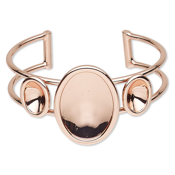 Bracelet, Almost Instant Jewelry®, cuff, copper-plated brass and "pewter" (zinc-based alloy), 35mm wide with 14x10mm and 30x22mm oval settings, adjustable. Sold individually. image number 0