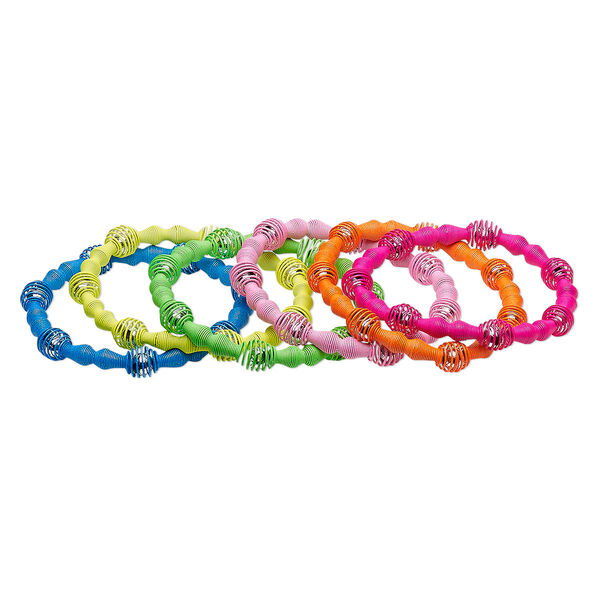 Bracelet, stretch, painted steel, assorted neon colors, 8mm oval coil, 6 inches. Sold per pkg of 6. image number 0