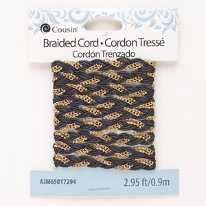 Cord, steel and waxed cotton, pkg/0.9m, gold finish and black, 5.3mm braided flat.