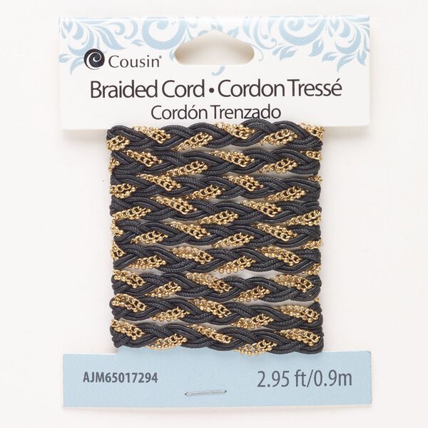 Cord, steel and waxed cotton, pkg/0.9m, gold finish and black, 5.3mm braided flat. image number 0