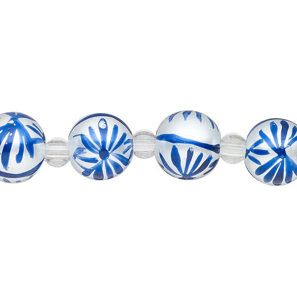 Bead, glass 1pkg8, opaque white and dark blue, 10mm hand-painted round. image number 0