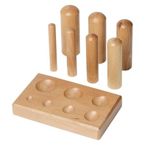 Dapping block and punch, wood, 6-1/4 x 3-3/4 x 3/4 inches. Sold per 8-piece set.
