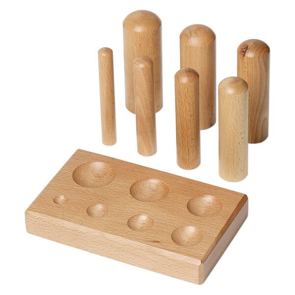 Dapping block and punch, wood, 6-1/4 x 3-3/4 x 3/4 inches. Sold per 8-piece set. image number 0