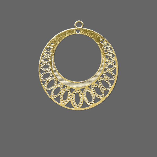 Drop, Lazer Lace™, gold-finished brass, 26mm round go-go with ovals. Sold per pkg of 20. image number 0
