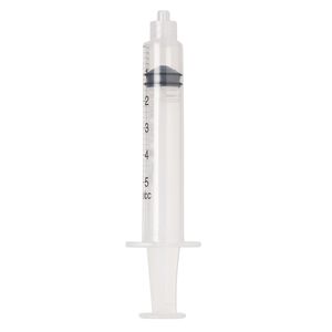 Syringe, plastic, clear and black, 3-2/3 x 1 inch, holds up to 5mL. Sold per pkg of 20.