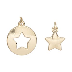 Charm, gold-finished "pewter" (zinc-based alloy) and steel, 18mm round with star cutout design and 12mm single-sided star. Sold per pkg of (2) 2-piece sets.