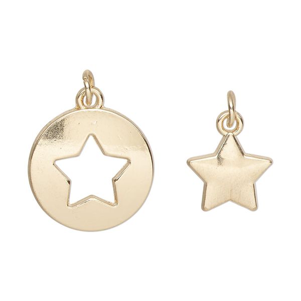 Charm, gold-finished "pewter" (zinc-based alloy) and steel, 18mm round with star cutout design and 12mm single-sided star. Sold per pkg of (2) 2-piece sets. image number 0