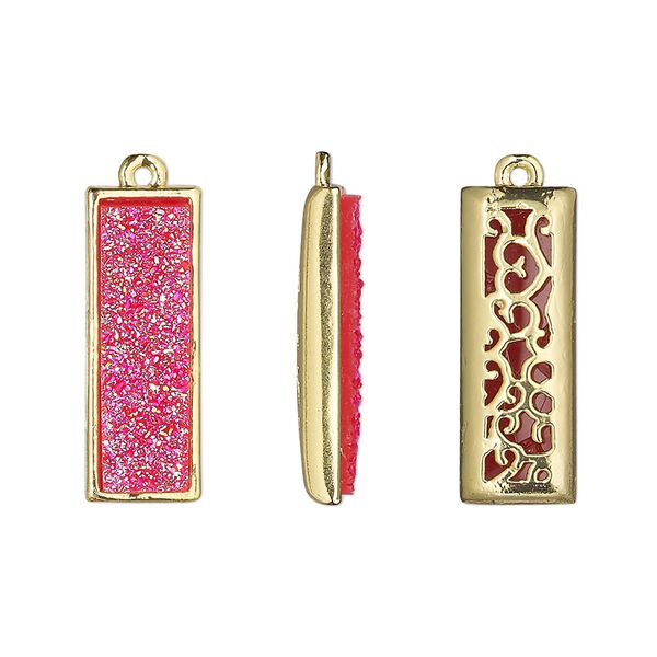 Drop, Druzylite™, "druzy" (resin) and gold-finished brass, hot pink, 21x8mm two-sided rectangle with open filigree back. Sold per pkg of 4. image number 0