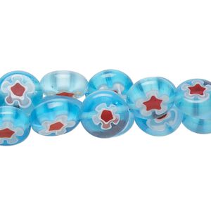 Bead mix, millefiori glass, translucent red / blue / white / clear, puffed flat round 10-11mm with flower design. Sold per (3) 14-inch strands.