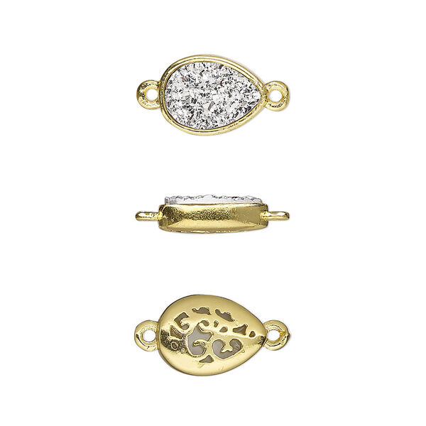 Link, Druzylite™, "druzy" (resin) and gold-finished brass, silver, 11.5x8.5mm two-sided teardrop with open filigree back. Sold per pkg of 4. image number 0