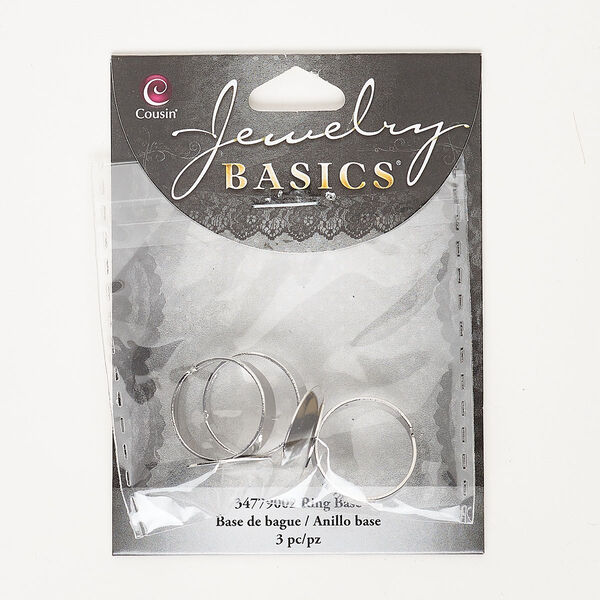 Ring, silver-finished steel, 8mm with 16mm round setting, adjustable to size 8. Sold per pkg of 3. image number 0
