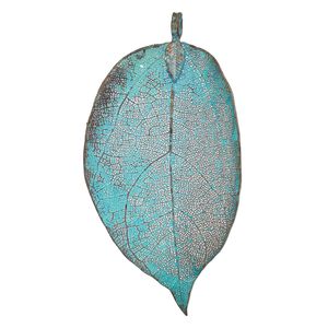 Pendant, copper-plated brass and Indian rubber plant, green patina, 3-1/2 inch double-sided leaf. Sold individually.