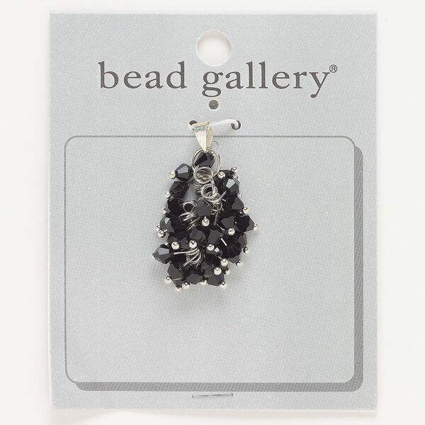 Pendant, silver-finished steel and glass, black, 27x18mm. Sold individually. image number 0