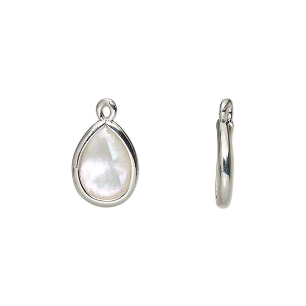 Drop, mother-of-pearl shell and imitation rhodium-finished brass (assembled), 13x8mm-14x9mm double-sided teardrop. Sold per pkg of 4. image number 0