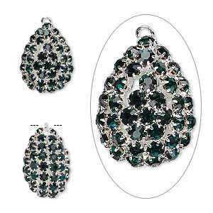 Focal, glass rhinestone and silver-plated brass, emerald green, 30x22mm double-sided teardrop with 4mm chatons. Sold individually.