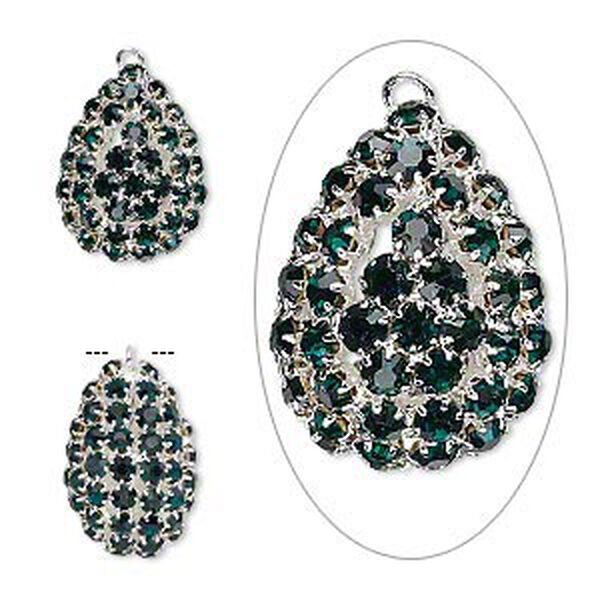 Focal, glass rhinestone and silver-plated brass, emerald green, 30x22mm double-sided teardrop with 4mm chatons. Sold individually. image number 0