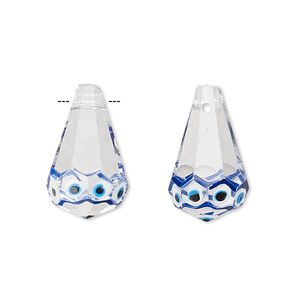 Drop, lampworked glass, multicolored, 20x12mm faceted teardrop with hand-painted wards off the evil eye design. Sold per pkg of 2.