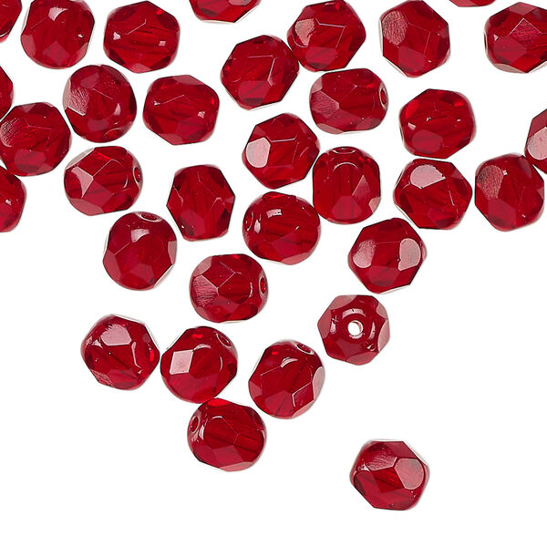 Bead 1pkg60, Czech fire-polished glass, transparent garnet red, 6mm faceted round. image number 0