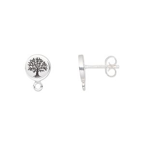 Earstud 1pkg2 sterling silver, 8mm round tree of life / closed loop / earnuts, enamel black 1 pair