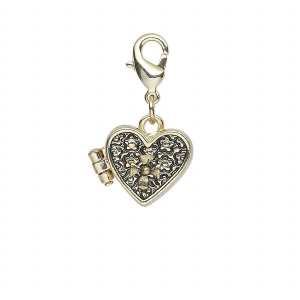 Drop, antique gold-finished "pewter" (zinc-based alloy), 15x13mm heart prayer box with flower design and magnetic closure with lobster claw clasp. Sold individually. image number 0