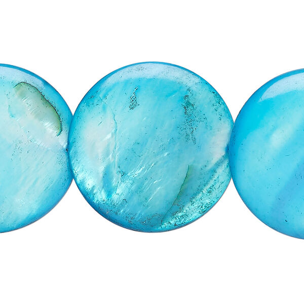 Mother-of-pearl shell 1pkg1, lentil-drilled puffed flat round bead 15 inch electric blue 24-25mm image number 0