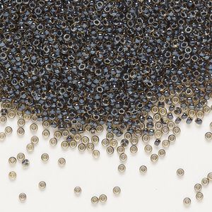 Seed bead, Miyuki, glass, pkg/35g, #15 rocaille, translucent black-lined luster topaz (RR-1840).