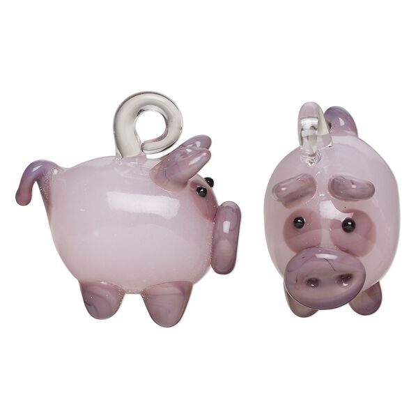 Drop, lampworked glass, opaque pink and purple, 24x18mm pig. Sold individually. image number 0