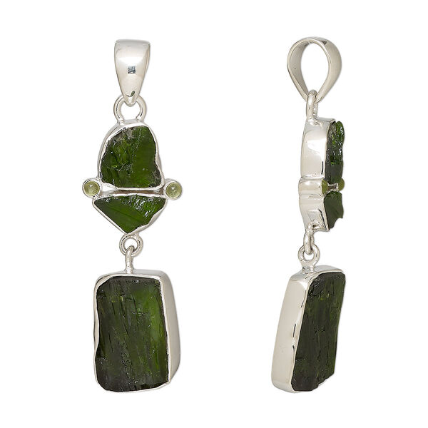 Pendant, chrome diopside (natural) and sterling silver, 43x14mm-48x17mm. Sold individually. image number 0