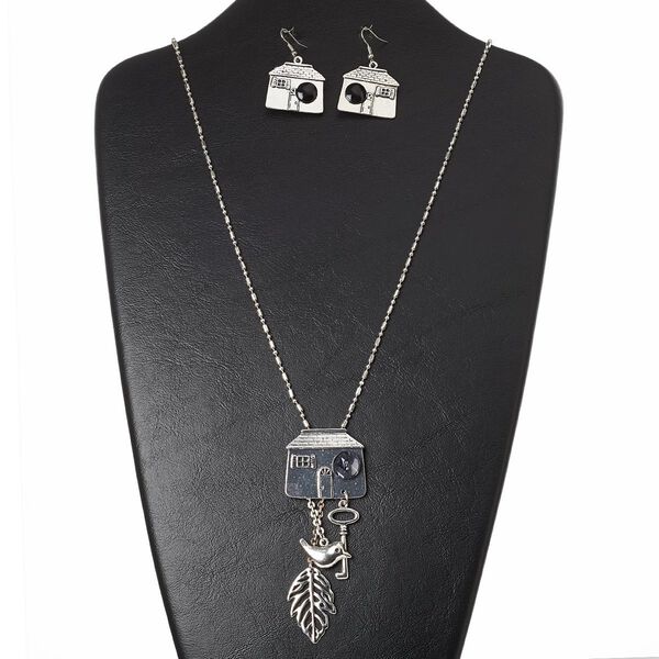 Necklace and earring set, resin / acrylic / silver-finished brass / "pewter" (zinc-based alloy) / steel, black, 32x27mm house, 30 inches with 3-inch extender chain and lobster claw clasp, 1-3/4 inch earrings with fishhook ear wire. Sold per set. image number 0