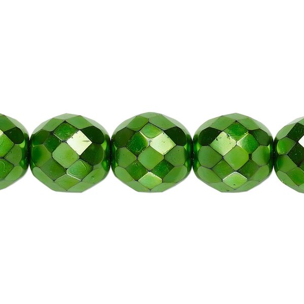 Bead, Czech fire-polished glass, pkg/15-1/2 to 16 inches, 12mm faceted round, opaque emerald green carmen, (23980-70053). image number 0