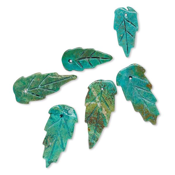 Drop, turquoise (dyed / stabilized), 16x8mm-24x12mm hand-carved leaf, C- grade, Mohs hardness 5 to 6. Sold per pkg of 6. image number 0