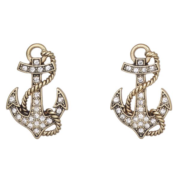 Charm, antique gold-finished "pewter" (zinc-based alloy) and glass, clear, 25x20mm anchor. Sold per pkg of 2. image number 0