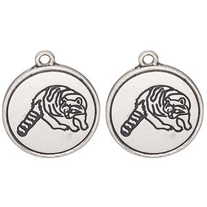 Drop, antique silver-finished "pewter" (zinc alloy) and enamel, black, 21mm round with raccoon design. Sold per pkg of 2.