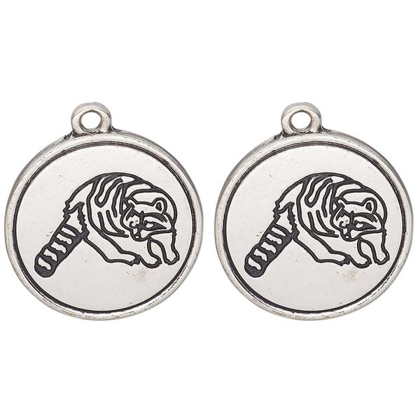 Drop, antique silver-finished "pewter" (zinc alloy) and enamel, black, 21mm round with raccoon design. Sold per pkg of 2. image number 0