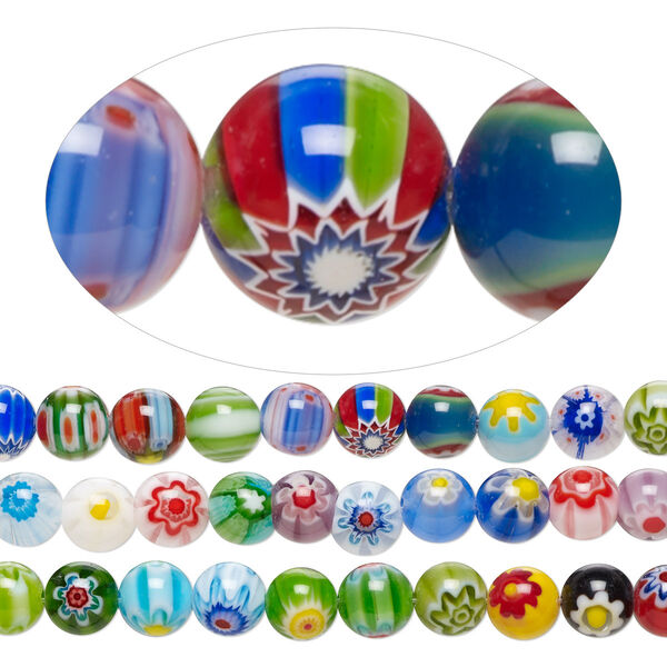 Bead mix, millefiori glass, opaque to transparent multicolored, 8mm round with 0.8-1mm hole. Sold per pkg of (3) 14-inch strands. image number 0