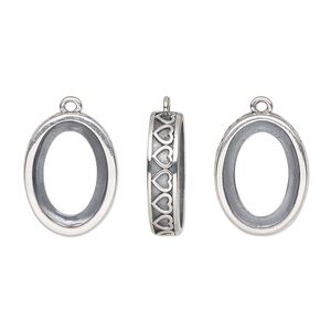 Drop, antiqued sterling silver, 16.5x12.5mm oval with 14x10mm oval setting and heart design with open back. Sold individually.