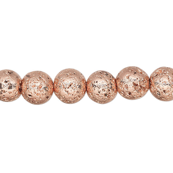 Bead, electro-coated lava rock (coated), rose gold, 7-8mm round. Sold per 15-1/2" to 16" strand. image number 0