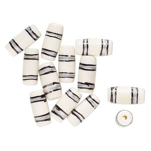 Bead, bone (dyed), white / black / silver, 18.5x8mm-19.5x9mm hand-painted tube with line design. Sold per pkg of 12.