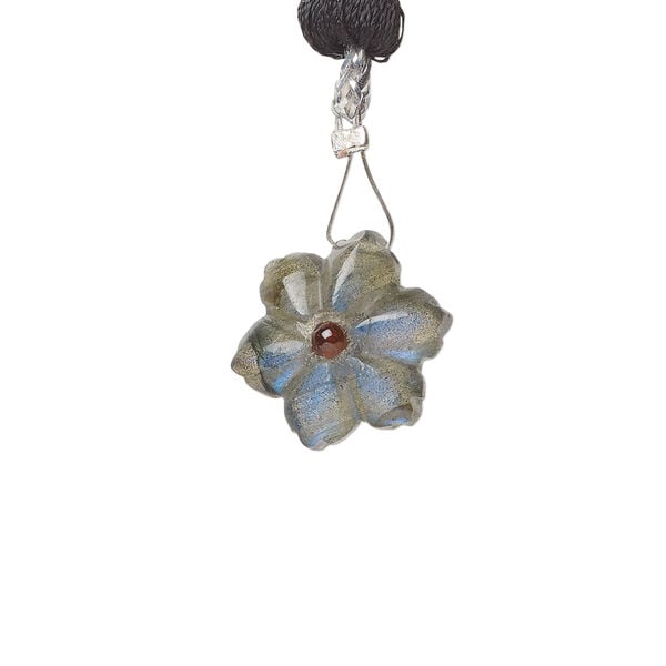 Labradorite / garnet 1pkg1, top-drilled hand-cut 1sided carved flower bead natural, 13mm image number 1