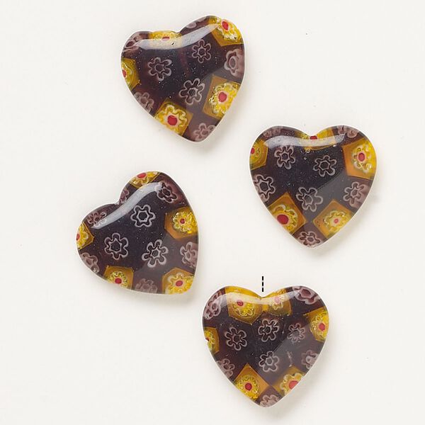 Bead, millefiori glass, translucent dark purple and multicolored, 18-20mm half-drilled puffed heart. Sold per pkg of 4. image number 0