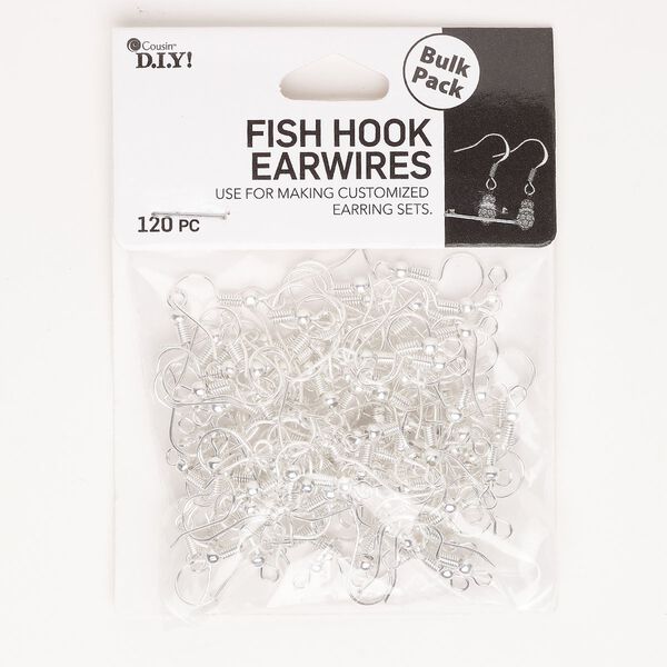 Ear wire fishhook 1pkg120, 20mm / 3mm ball / 4mm coil / open loop, 22 gauge silver-finished steel 60 pair image number 0