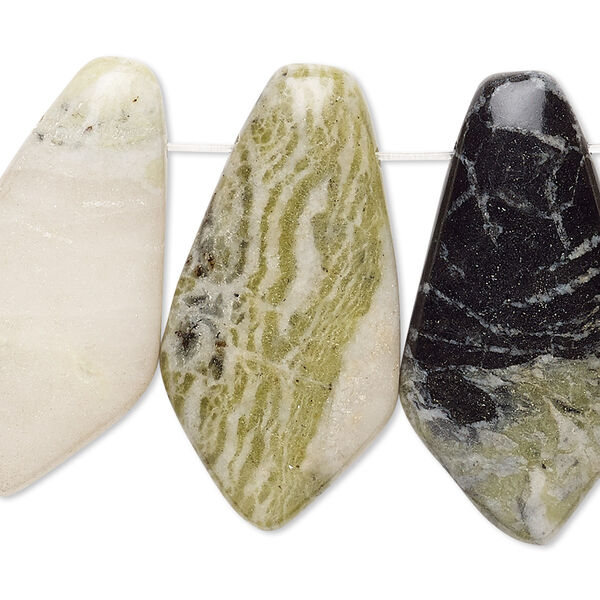 Focal, green Earth "jasper" (serpentine) (natural), 31x14mm-35x19mm flat kite with flat back, C grade, Mohs hardness 2-1/2 to 6. Sold per pkg of 4. image number 0