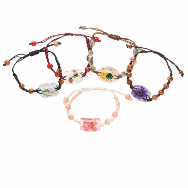Bracelet mix, resin and cotton, multicolored, mixed size and shape with flower design, adjustable from 5-1/2 to 8-1/2 inches with macramé knot closure. Sold per pkg of 5. image number 0