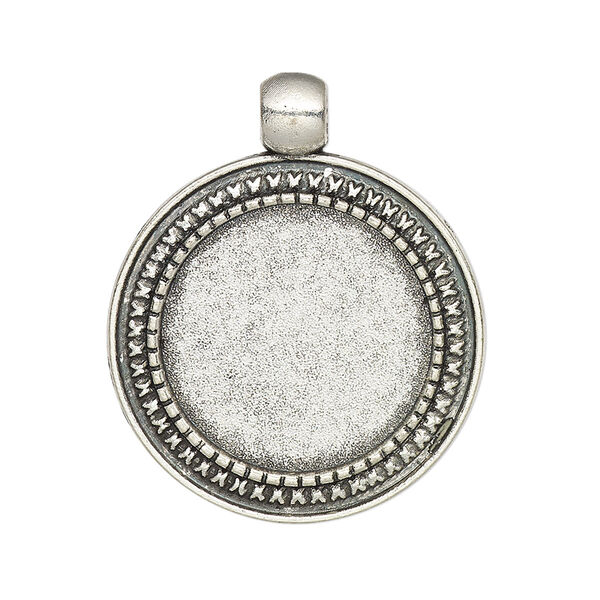 Pendant, glue-in, antique silver-finished "pewter" (zinc-based alloy), 33x28mm single-sided round with textured edge, 20mm round setting. Sold per pkg of 2. image number 0