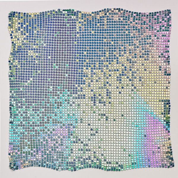 Sequin sheet, anodized aluminum, rainbow blue, 8-inch single-sided square with 3mm sequins, 1.5mm thick. Sold individually. image number 0