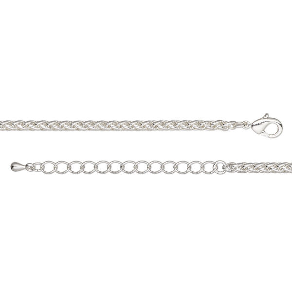Chain, silver-plated brass, 3.2mm ponytail, 7-1/2 inches with 2-inch extender chain and lobster claw clasp. Sold individually. image number 0