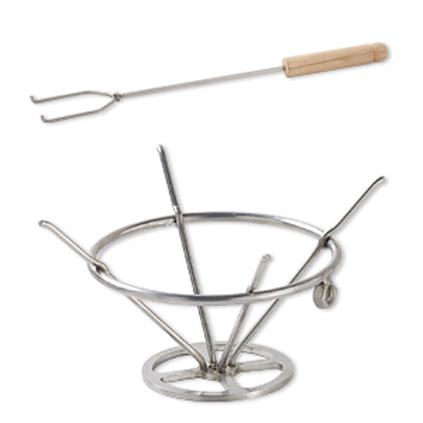 Firing fork and basket, EUROTOOL®, wood and stainless steel, brown, 10-1/2 x 3/4 inch handle with interchangeable 4x2-inch basket and 3x2-inch fork. Sold per 3-piece set. image number 0