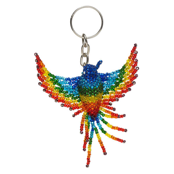 Keychain, glass and steel, multicolored, 4 inches with 3 x 2-1/2 inch hummingbird and 22mm split ring. Sold individually. image number 0