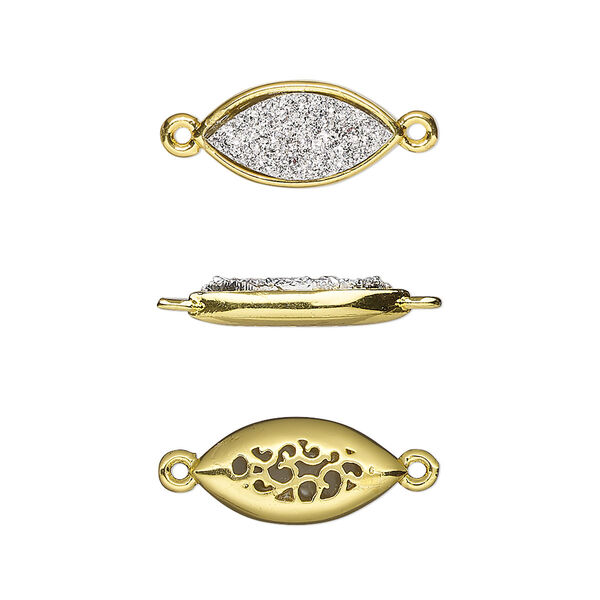Link, Druzylite™, "druzy" (resin) and gold-finished brass, silver, 16x8mm two-sided marquise with open filigree back. Sold per pkg of 4. image number 0