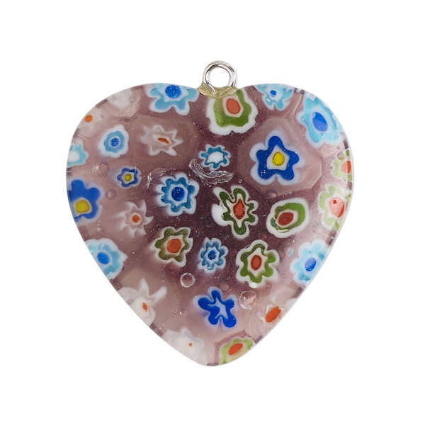Focal 1pkg1, silver-finished steel / millefiori glass, transparent / translucent blue / multicolored, 29-31mm puffed heart. image number 0